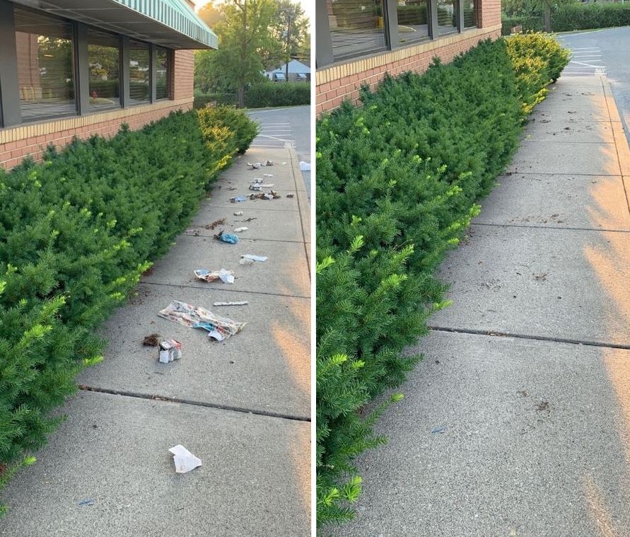 Storefront sidewalk litter removal. 